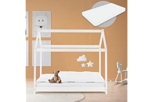 ‎ML DESIGN MODERN LIVING ML-Design Kinderbett 70x140 cm Weiß mit Matratze, Dach und Lattenrost, Hausbett für Mädchen und Jungen, Kinderhaus aus Kiefernholz, Stabiles Jugendbett, Massivholz Kinder Bett, Bettenhaus Spielbett