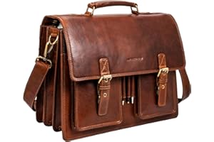 Marc Peter Amsterdam Aktentasche Leder XL Lehrertasche mit Laptopfach 15,6 Zoll große Ledertasche zum Umhängen Trolley aufsteckbar