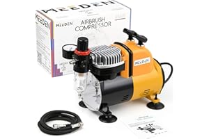 MEEDEN Compressore per Aerografo 1/5HP Monopistone - Autostop Termico, Silenzioso (47dB), con Regolatore, Trappola Acqua, Supporto e Tubo Aria 1/8" per Modellismo, Tatuaggi & Graffiti