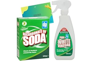 Bicarbonate of Soda for Cleaning 500g and White Vinegar Spray 500ml Bundled With Glameno Cleaning Tips