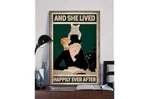 Eeypy Plaque en métal humoristique avec motif de chat, inscription « Love Cat » et « She Lived Happily Ever After » - Vintage - 30,5 x 20,3 cm