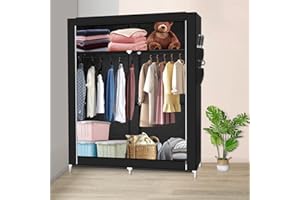 XDAILUYYDS Armoire de Rangement,Penderies en Tissu,Armoire Chambre avec Barres de Suspension,Penderies Ouvertes de Grande Capacité Divisée en Zones de Suspension et de Stockage (B-Noir)