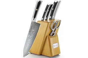 Sunnecko Ceppo Coltelli da Cucina in Legno, Coltello da Cucina in Acciaio Damasco 67 Strati, Set Coltelli da Cucina Professionali 4pcs, Spelucchino, Coltello Giapponese Santoku Chef Nakiri, Forbici