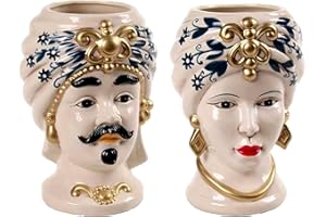 Morgan Teste di Moro Coppia Re e Regina Caltagirone, Stile Ceramiche Siciliane, Vaso Testa di Moro in Ceramica 12x18 cm