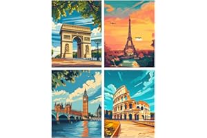 askkqtx 4 Pack Paint by Number Kits for Adults,Landscape Famous Scenic Spot DIY Oil Acrylic Painting by Numbers for Beginners,Eiffel Tower Big Ben Arts and Crafts for Home Decor 12×16 Inch