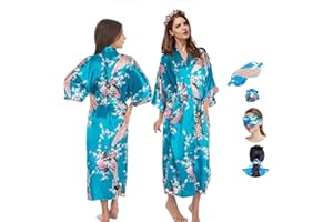 Y WJing Yi Jia Women Long Silk Robe Maxi Satin Robes Kimono Peacock Blossom Dressing Gown Bridesmaid Robe Bride Robe Floral Bridal Robe For Wedding Party Eye Mask Scrunchies 3 In 1 Set