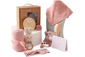 WOODEN TEETHER 10-Teilig Baby Geschenk Mädchen Set, Geschenk Mädchen Junge für Neugeborene, Badetücher, Schnullerkette, Rassel, Meilensteinkarten, Lätzchen, Socke, Bürste, Babyparty(Rosa)
