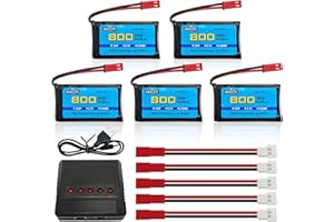 AMZZN 5PCS 3.7V 800mAh 30C JST Plug Lipo Battery with 5-in-1 Charger for SYMA X56W MJX X400W X300C X800 HS110 HS200 S670 V950hd S1750 V2450 RC Four Axis Aircraft Battery