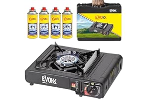 EVOKK Portable Gas Camping Stove with 4 Butane Canisters & Stove Case - Premium Camping Portable Gas Stove with Automatic Ignition and Heat Control - Gas Cooker and Camp Stove for Outdoor Cooking