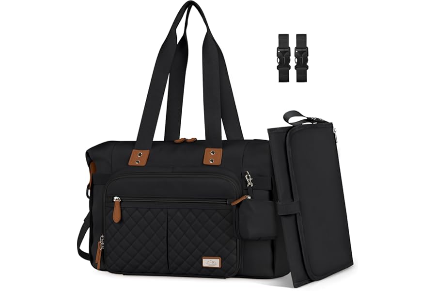 RAINSMORE Baby Changing Bags Nappy Tote Bag Waterproof Baby Diaper Bag for Mom and Dad with Pacifier Holder and Portable Changing Mat Black