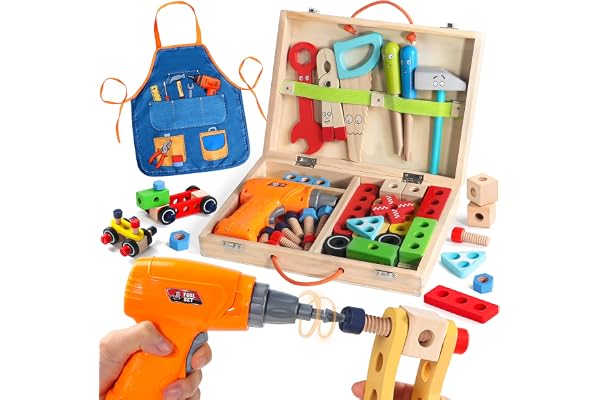 Jouet Enfant 3 Ans - Boite a Outils Enfant Montessori Jeux Enfants 3 Ans avec Perceuse Tablier, 45 Pièces Jouet en Bois Bricolage Jeu de Construction Educatif Cadeau Enfants 3 4 5 Ans Garçon Fille