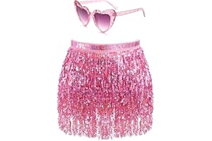 LUFDEGIM Damen Pailletten Rock Quaste Glitzerrock Hüft Pailettenrock Rave Röcke Gläser Set Fransenrock für Tanz Club Halloween Kostüm