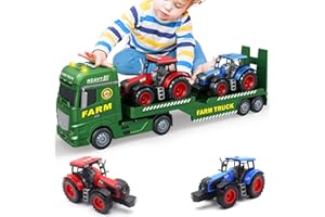 Mostop Large Flatbed Semi Truck, 25.6’’ Large Farm Truck Toy with 2 Tractors, Friction Powered Farm Transport Tractor Toy with Light & Sound, Birthday Gift for Kids Aged 3-8