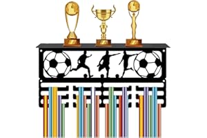 CREATCABIN Support D'Affichage Médaille Football Étagère Trophée avec 24 Crochets Présentoir Trophée Médaille Métal Cadre Support Mural Cintre D'Affichage Ruban pour Récompenses Course 40x20cm Noir