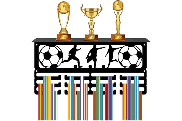 CREATCABIN Support D'Affichage Médaille Football Étagère Trophée avec 24 crochets Présentoir Trophée Médaille Métal Cadre Support Mural Cintre D'Affichage Ruban pour Récompenses Course 40x20cm Noir