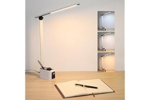 Lampop Desk Light, Led Desk Light, Dimmable Desk Lamp with USB Charging Port, Desk Lighting with Pen Holder and Time, Rotatable Study Lamp for Home Office, Bedroom, White