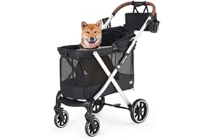 Beberoad X6 Luxury Pet Stroller Dog Pram for Medium Dogs with Organizer, 4 Wheel Foldable Dog Stroller Pet Pram Dog Pushchair with Pad and Two Cup Holder, One-Second Fold Design, Black
