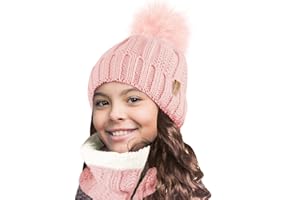 TOSKATOK Niños Niñas Invierno Rib Seed Stitch Térmico Cálido Acogedor Forro Polar Calentador De Cuello Snood Bufanda Con Conjunto De Gorro