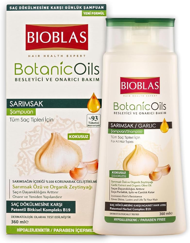Bioblas Sarımsak Özlü Saç Dökülmesine Karşı Bitkisel Şampuan – Organik Zeytinyağlı, Kompleks B19, Güçlendirici & Onarıcı Etki, 360 ml