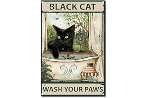 CREATCABIN Drôle de Salle de Bain Citation Métal Étain Signe Vintage Chat Noir Laver Vos Pattes Signe pour Salle de Bain Cuisine Café Décoration Murale, 8 x 12 Pouce