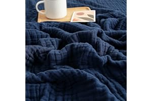 EMME, Coperta in 100% mussola di cotone, per divano, coperta in garza traspirante a 6 strati, con nappe, morbida e leggera, per tutte le stagioni, in cotone prelavato (blu navy, 140 x 190 cm)