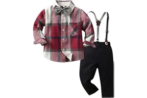 Kunyeah Boy Gentleman Plaid Outfits Toddler Long Sleeve Shirt with Bow Ties Suspenders Pants Kid Dress Suit for 1-6 Years
