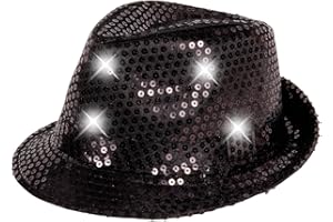 Alsino Paillettenhut mit LED Beleuchtung Partyhut in schwarz Einheitsgröße für Erwachsene Silvester Weihnachten Fedora Bogart Trilby