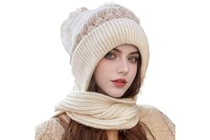 KASESSS 2 in 1 Donna Cappello Invernale Caldo, Donna Slouchy Berretti Maglia, Sciarpa Invernale da Donnas, Elastico Berretto Invernales con Pompon con Fodera per Sport all'Aria Aperta, Bianco Sporco