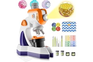 MAXLAPTER Kids Microscope 1200X with Projector - Microscope for Kids with Plastic Prepared Slides and Storage Bag - Science Edu Toy Gifts for Girls Boys Ages 8-12 Children Beginner (Orange-Purple)