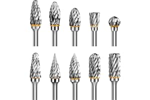 Hakkin 10Pcs Tungsten Carbide Steel Double Cut Rotary Burrs Set for Dremel Accessory 1/8" Shank Die Grinder Bits Rotary Tool Accessories for DIY Wood Carving, Metal Polishing, Engraving, Drilling