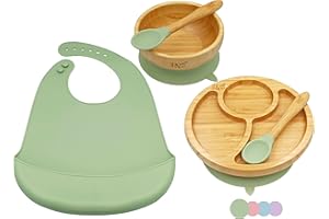 SHIP SHAPE Zestaw do karmienia niemowląt - Bambusowy talerzyk, miska & 2x łyżka z końcówką silikonową & śliniak - Komplet antypoślizgowych naczyń dla dzieci - Darmowy Ebook - wolne od BPA – ShipShape