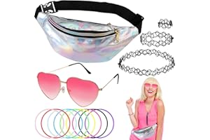 Tikplus 90s Outfit Damen, 90er Jahre Accessoires, 90er Jahre Retro Outfit mit Herz Sonnenbrille Rosa, Silber Bauchtasche, Halskette, Women Festival Hippie Accessoires für Neon Mottoparty