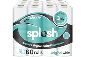 Splesh by Cusheen 3-ply Toilet Roll - Unscented (60 Pack) Soft, Quilted Bulk Toilet Rolls, Toilet Tissue and Loo Rolls – Eco-Friendly Toilet Paper Sustainably Crafted in The UK