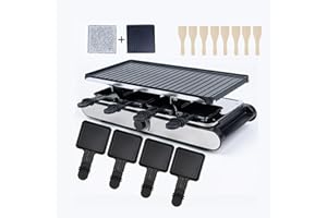 QcuGvy Raclette Grill mit Natursteingrillplatte und 2 Wendegrill-platte, Tischgrill für 8 Personen inkl. 8 Pfännchen perfekt für Weihnachten oder Silvester, antihaftbeschichtet, max. 1.400 W