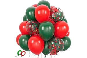 ASIYUHY Red and Green Balloons 50 Pack 12 Inch Christmas Latex Balloons Set Green Red Confetti Balloon with 2 rolls of ribbon for Christmas Holiday Party Decoration