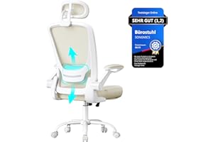 ‎SONGMICS SONGMICS Bürostuhl ergonomisch, Drehstuhl mit Mesh, Lenden- und Kopfstütze, Wippfunktion, 53 cm große Sitzfläche, klappbare Armlehnen, Arbeits- und Schlafzimmer, Studenten, cappuccinobeige OBN047K01