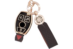 Koaudb Etui na klucze Mercedes, 3 przyciski, miękkie etui na klucze TPU, pasuje do Mercedes Benz, A, B, C, E, G, R, S, M, klasa AMG, ze skórzanym brelokiem, smycz, etui na klucze, czarno-złote