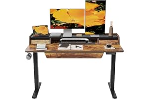 FEZIBO Standing Desk with 3 Drawers Storage Shelf, 140 * 60cm, Splice Board, Black Frame/Rustic Brown Top
