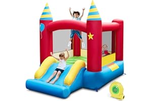 GOPLUS Aufblasbare Hüpfburg mit Gebläse, 2-in-1-Spielburg für Kinder mit Sprungbereich, Rutsche, Tragetasche, Reparaturset, Heringen, Spielparadies für Rasen Hof Park Garten (Rot, Mit Gebläse)