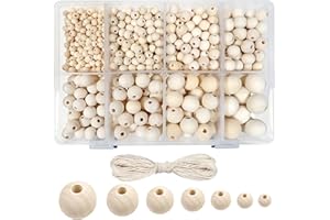 TOAOB THE ONE AND ONLY BABY TOAOB 1050 Pezzi Perline in Legno Naturale 6mm a 20mm e 15 Metri Macrame Corda Filo Cotone Rotonde Palline Legna per Braccialetti Collane Lavoretti Fai da Te Decorazioni Artigianali