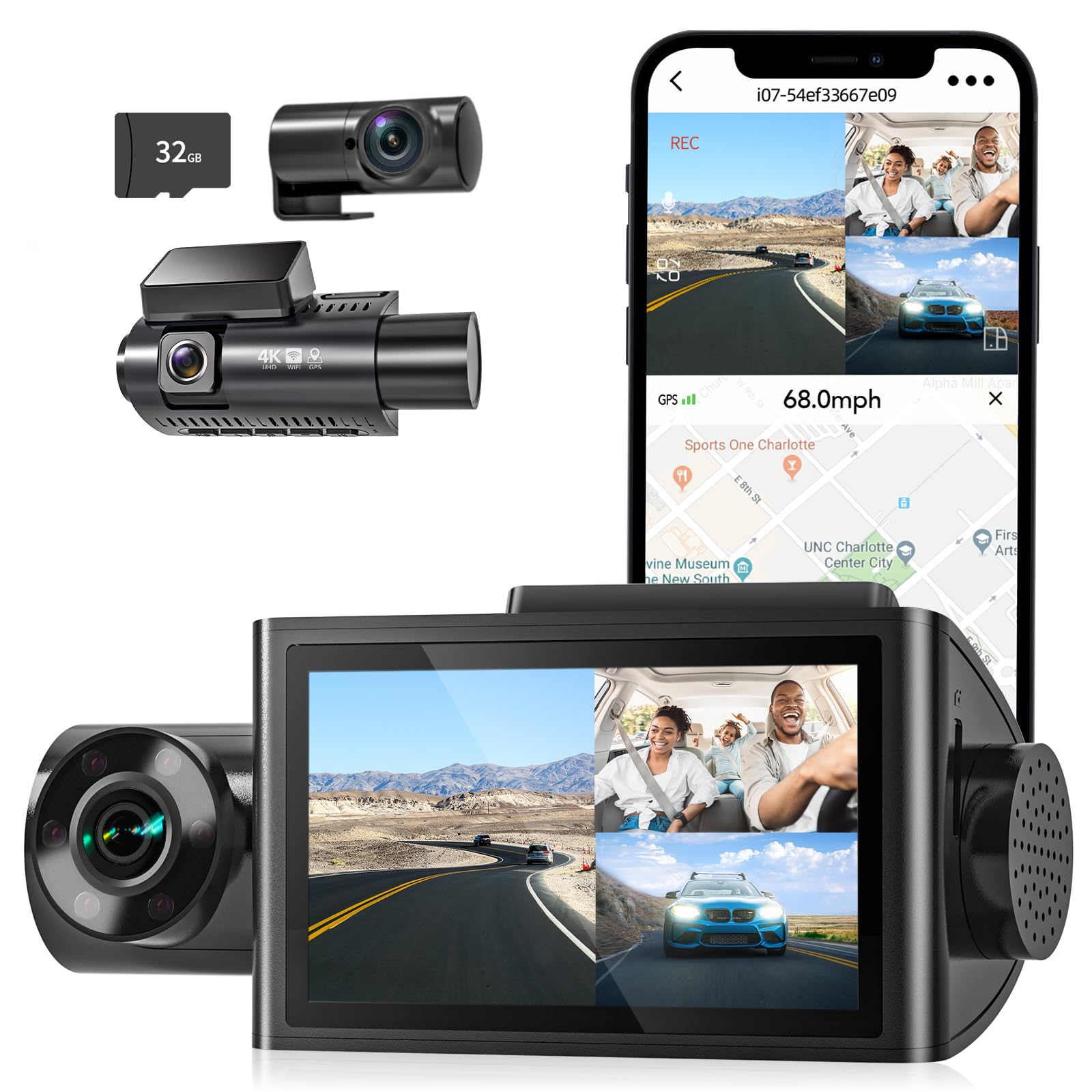 WOLFBOX i07 3-Channel Dash Cam with Built-in WiFi & GPS | 4K+1080P Dash Camera Front and Inside | 2K 1440P+1080P+1080P, 3" LCD Super IR Night Vision & 24 Hours Parking Monitor, Supports 512GB Max