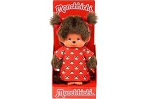 Sekiguchi 221295 - Original Monchhichi Mädchen, Plüschtier mit Monchichikleid und Schleifen, ca. 20 cm großes Kuscheltier aus braunem Plüsch