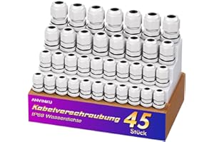 45 Stück Kabelverschraubung Set, ANVINKU 4 Typen Kabeldurchführung Wasserdicht, M12 M16 M20 M25 Nylon Kabeldurchführung Wasserdicht, IP68 Weiß Kabelverschraubungen Set mit Gegenmutter Kunststoff