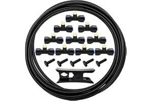 CESFONJER Misting Cooling System, Mist Irrigation System Kit, Misting System Garden Hose 5M with 10 pcs Mist Nozzles, 10 pcs Mist Seat and 5 pcs End Plug for Patio, Garden, Greenhouse (Black)