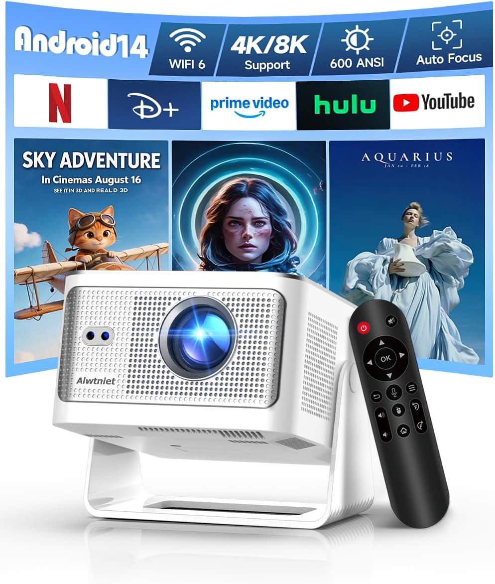 Alwtniet Proyector Portatil 4K 8K, Native Full HD 1080P Mini Projetor Android 14, WiFi 6 Bluetooth 5.4, Autoenfoque 6D Auto Keystone 180° Rotación para Cine Móvil en Casa Smart TV Tiro Ultra Corto