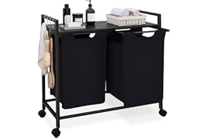 STELLSTAR Cesto para Ropa Sucia con Ruedas, Cesto para la Colada Extraíble 100L, Cesta Colada con 2 Bolsas Extraíbles, Marco Metálico y Bambú Estantes para Baño, Lavandería, Negro