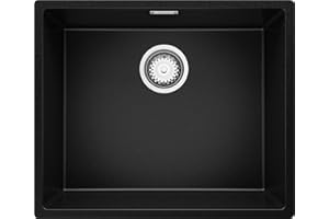 PRIMAGRAN Fregadero bajo Encimera Negro 56x47cm, Cocina 1 Seno + Sifón, Granito al mueble 60cm - London S172
