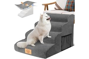 Dog Steps for Bed, Pawchop 4-Step Dog Steps for Sofa, Waterproof Pet Ramp with Removable Cover, High Density Foam Dogs Stairs for Small Dogs, Older Cats - Grey, 73 x 40 x 51cm