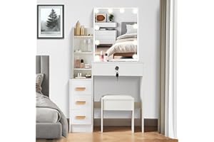 ‎SAIMEIHOME Saimeihome Schminktisch mit Spiegel und Hocker, Frisiertisch mit Beleuchtung, Kosmetiktisch mit 4 Schubladen & 7 Ablageflächen Schminktisch für Schlafzimmer Kinderzimmer 83x36x140cm