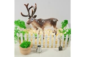 YUNSTK Wichtel Zubehör Rentier, 7 Stück Rentier Figur mit Miniatur Holzzaun, Kunstmoos, Sägemehl und Zuführwerkzeuge, Wichtel Rentier für Puppenhaus Wichteltür Deko, Wichtelzubehör für Weihnachten Deko